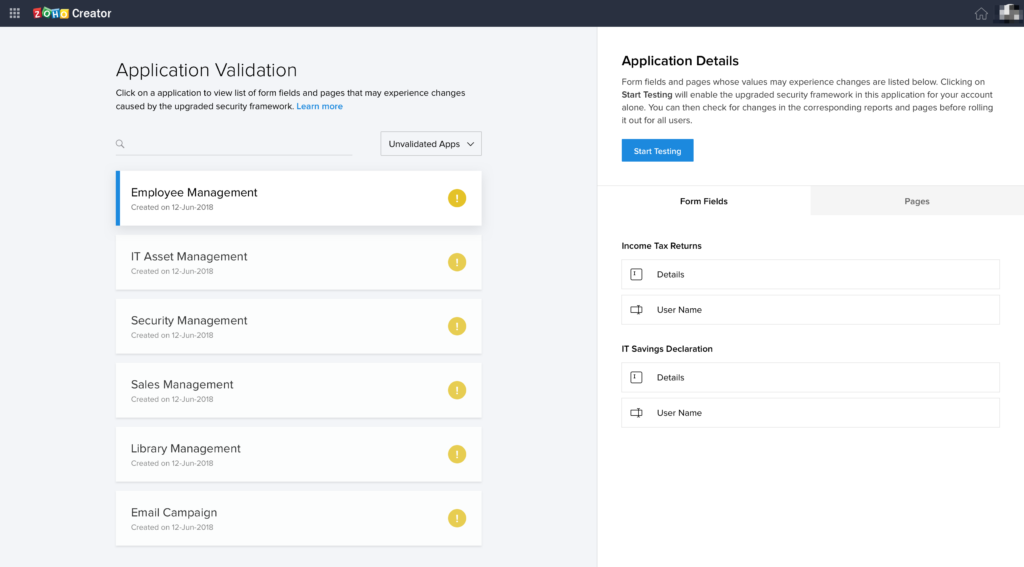 Sélectionner l'application Zoho Creator à tester